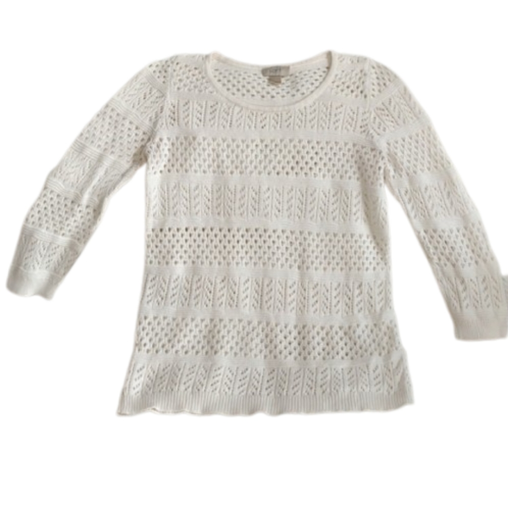 LOFT Cotton Sweater Cream Medium Knitted Lace Stitch
